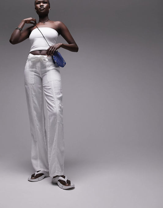 Topshop Tall linen tie waist mid rise straight leg trouser in white