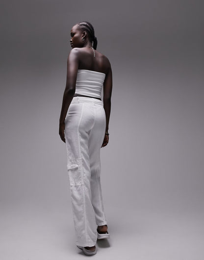 Topshop Tall linen tie waist mid rise straight leg trouser in white