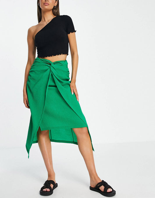 Stradivarius knot front midi skirt in green