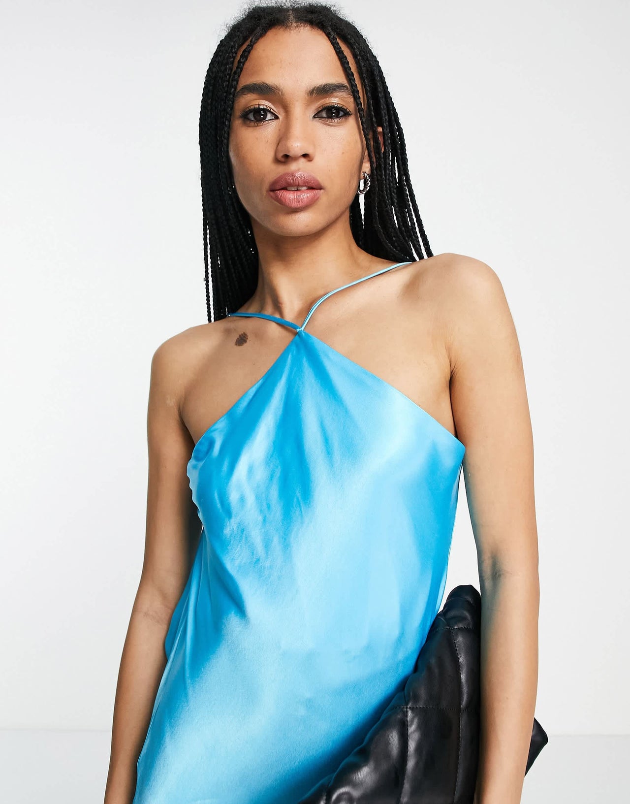 Bershka halterneck strap open back satin dress in soft blue