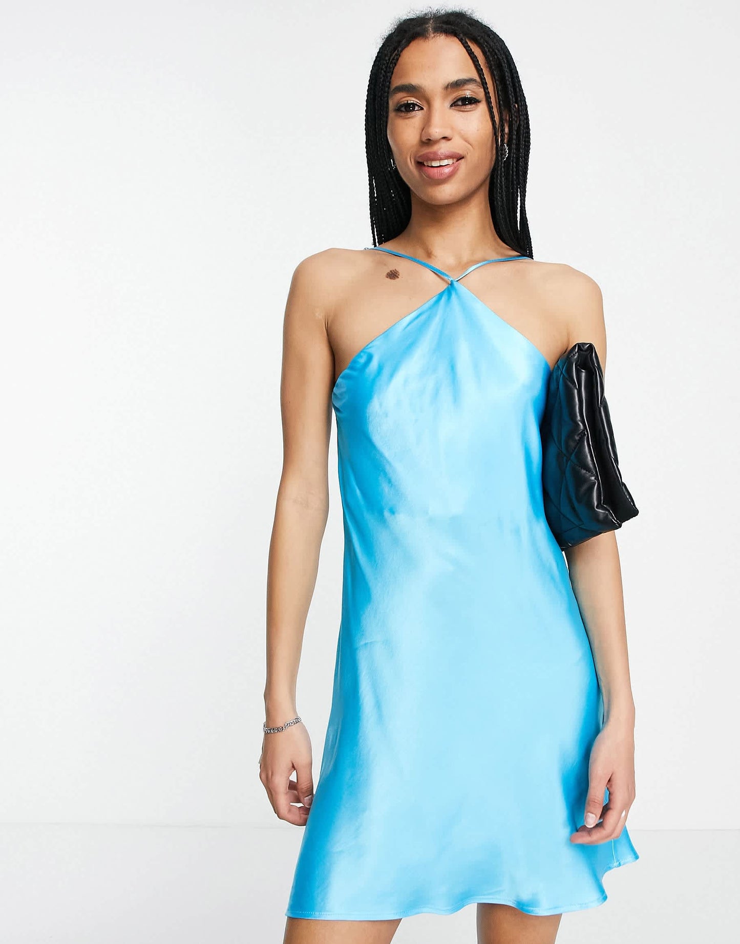 Bershka halterneck strap open back satin dress in soft blue