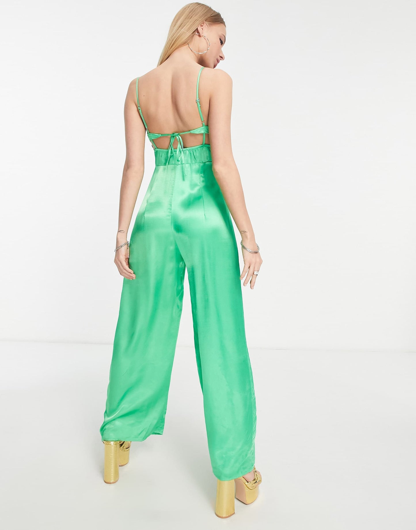 Bershka ruched detail satin jumpsuit in bright green