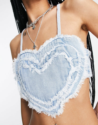 Bershka heart shape denim top in light blue