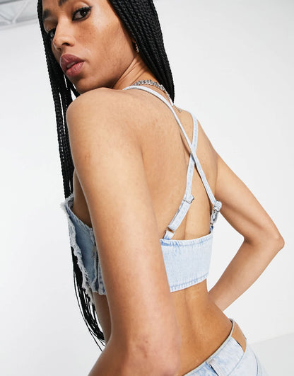 Bershka heart shape denim top in light blue