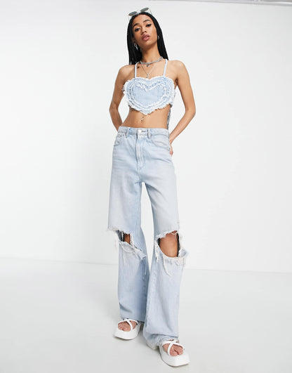 Bershka heart shape denim top in light blue