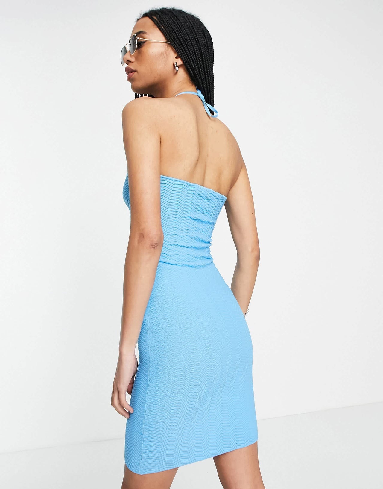 Bershka ring detail halterneck dress in blue