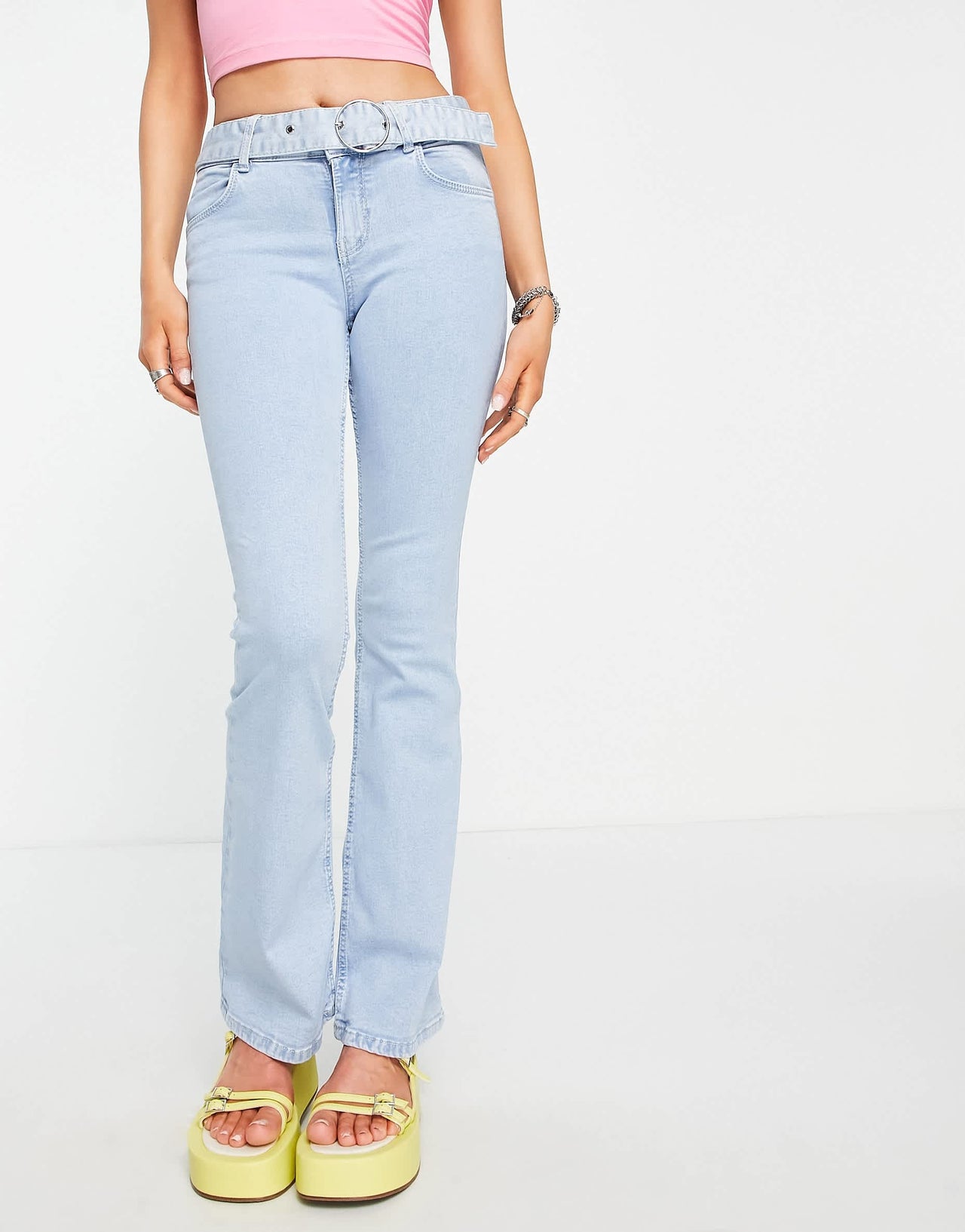 Bershka low waist 00s buckle detail jean co-ord in light blue wash