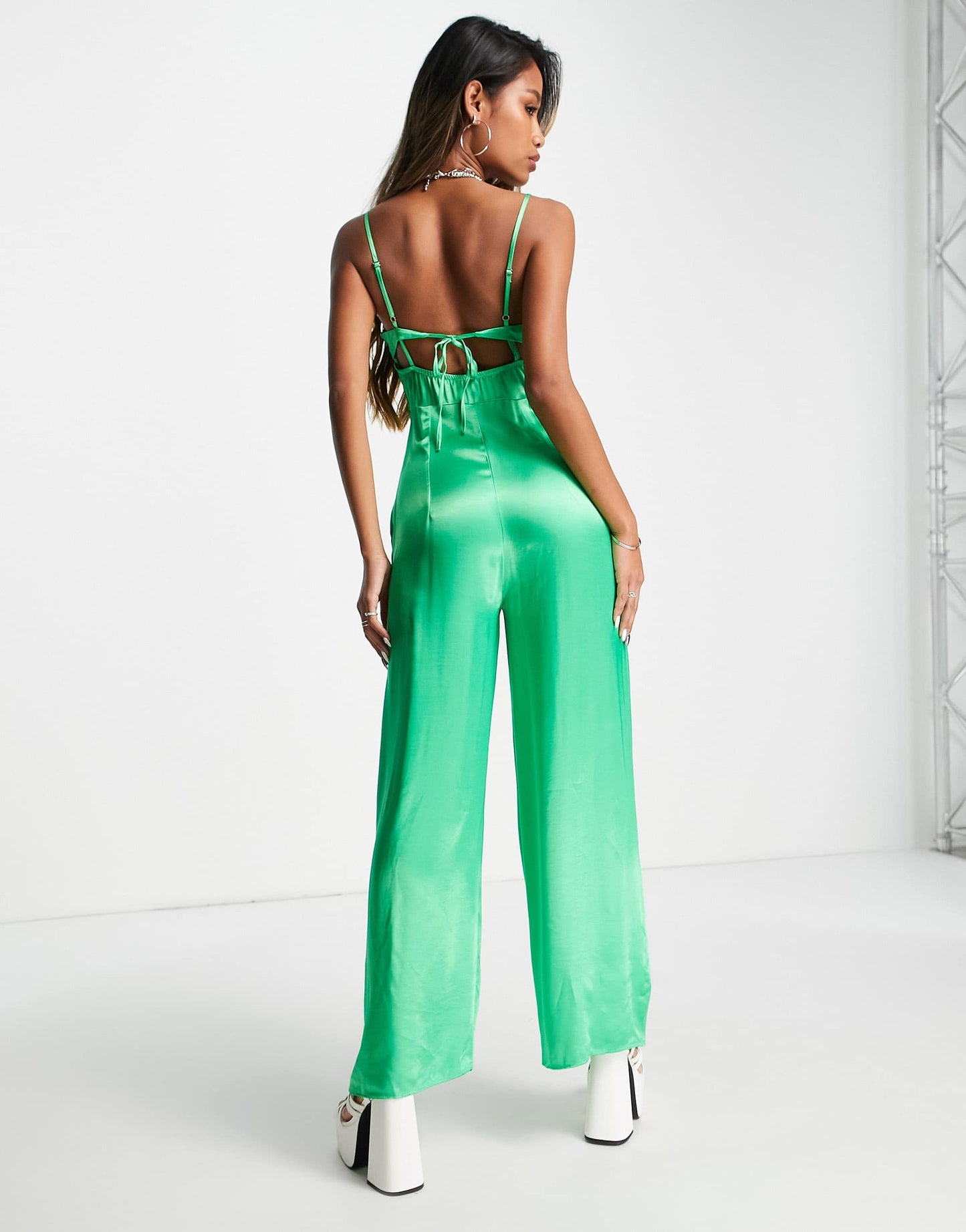 Bershka ruched detail satin jumpsuit in bright green