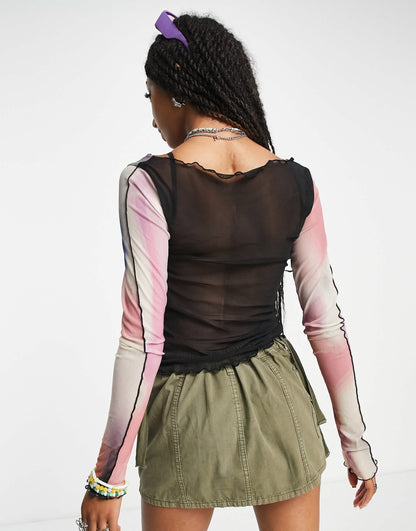 Zemeta fitted mesh long sleeve top in wavy galaxy print