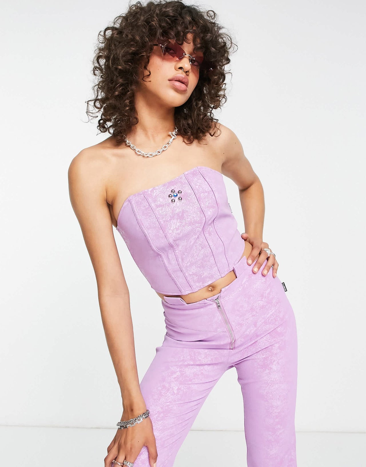 Zemeta cropped bustier with gem detail in purple suedette croc co-ord