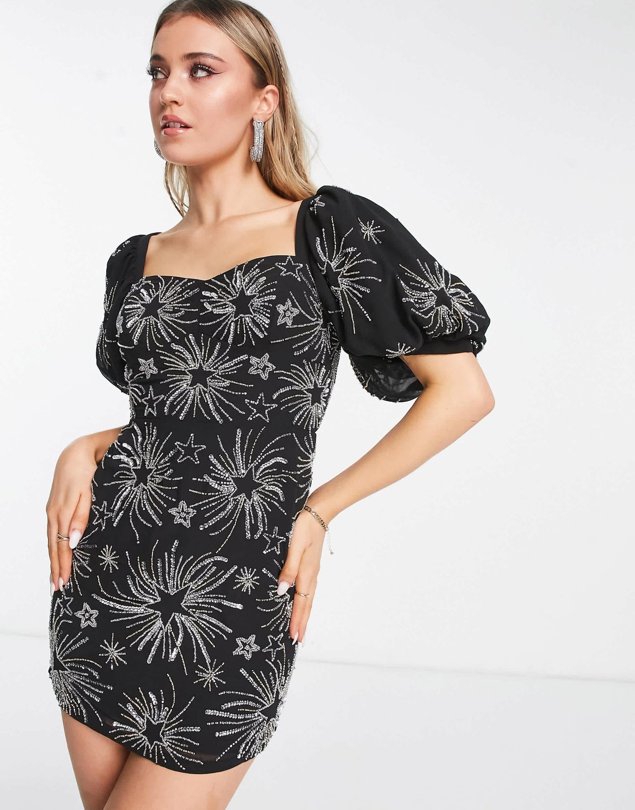 Miss Selfridge Premium embellished star puff sleeve mini dress with tie back detail in black - BLACK