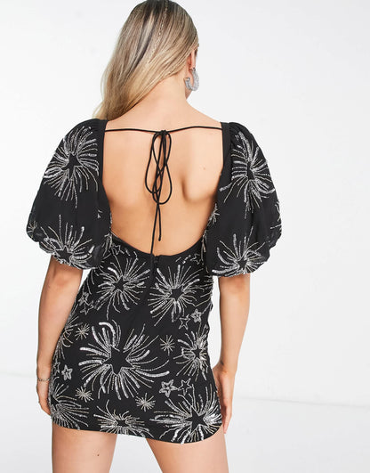 Miss Selfridge Premium embellished star puff sleeve mini dress with tie back detail in black - BLACK
