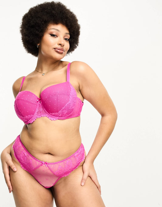 Ivory Rose Curve lace and dobby mesh moulded balconette bra in pink