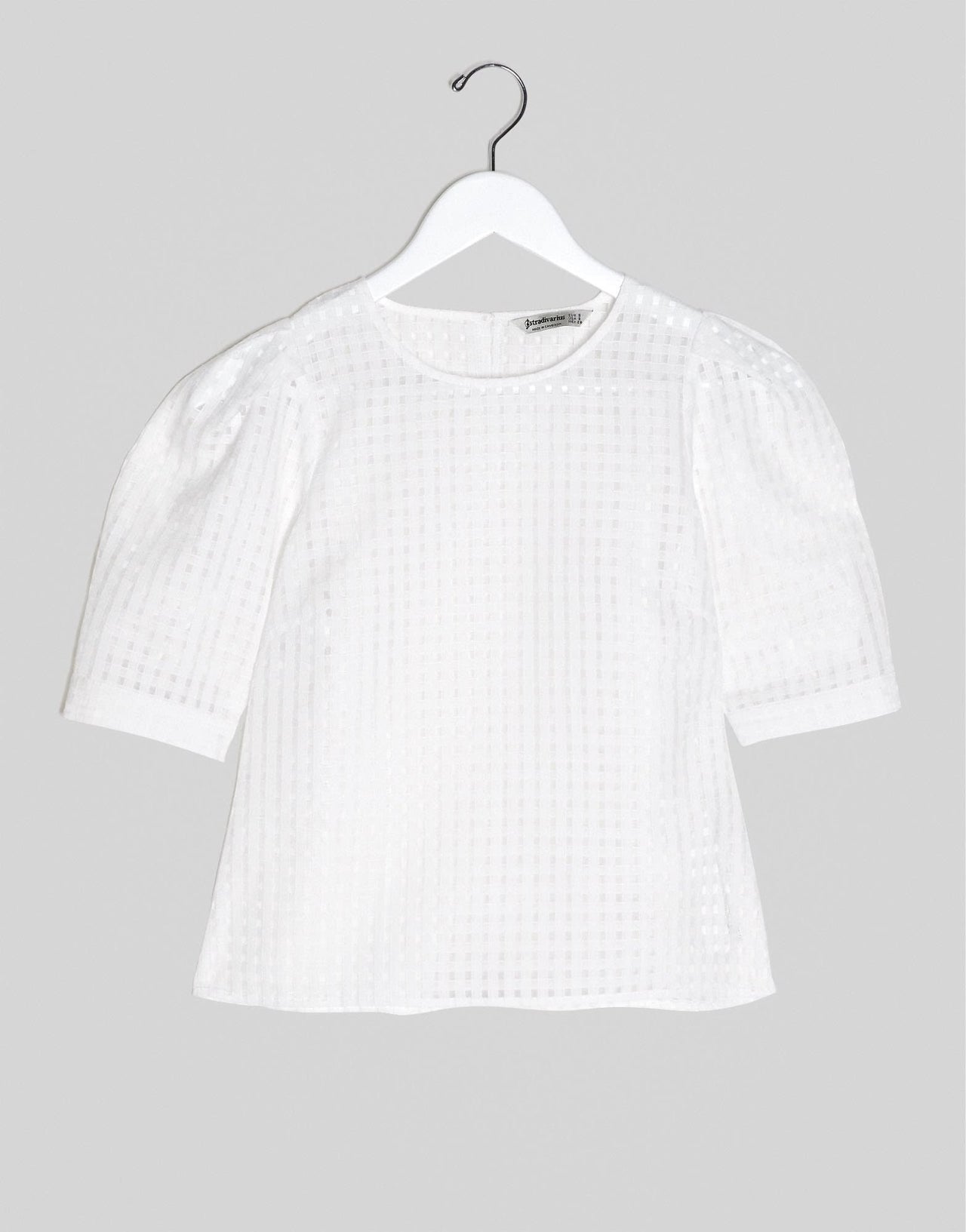 Stradivarius puff sleeve blouse in white check