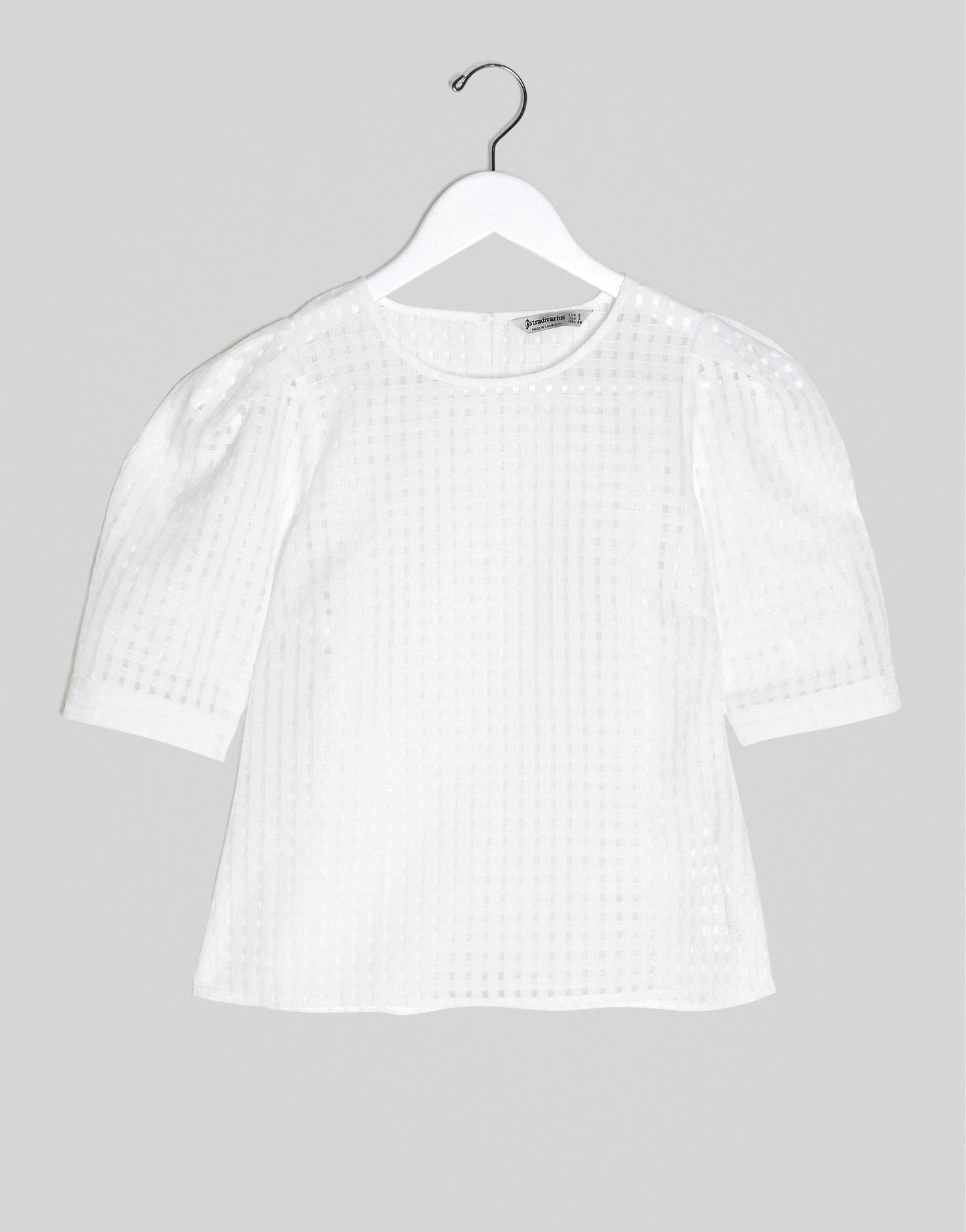 Stradivarius puff sleeve blouse in white check