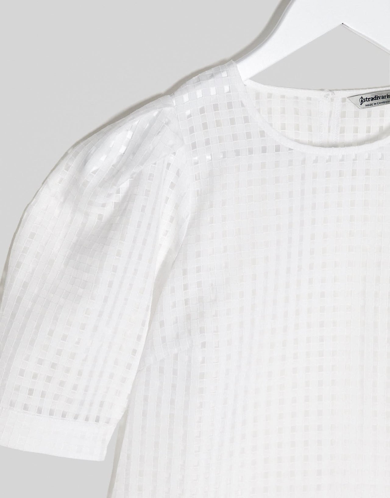 Stradivarius puff sleeve blouse in white check