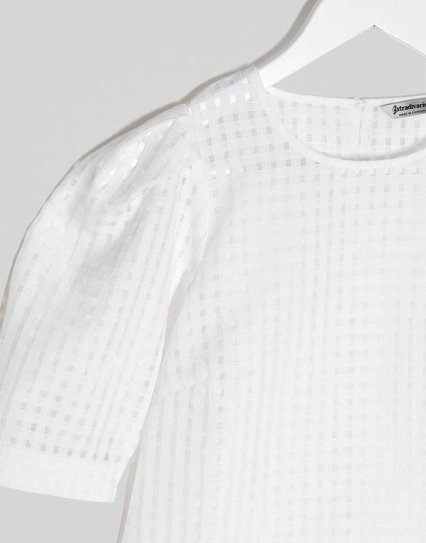 Stradivarius puff sleeve blouse in white check