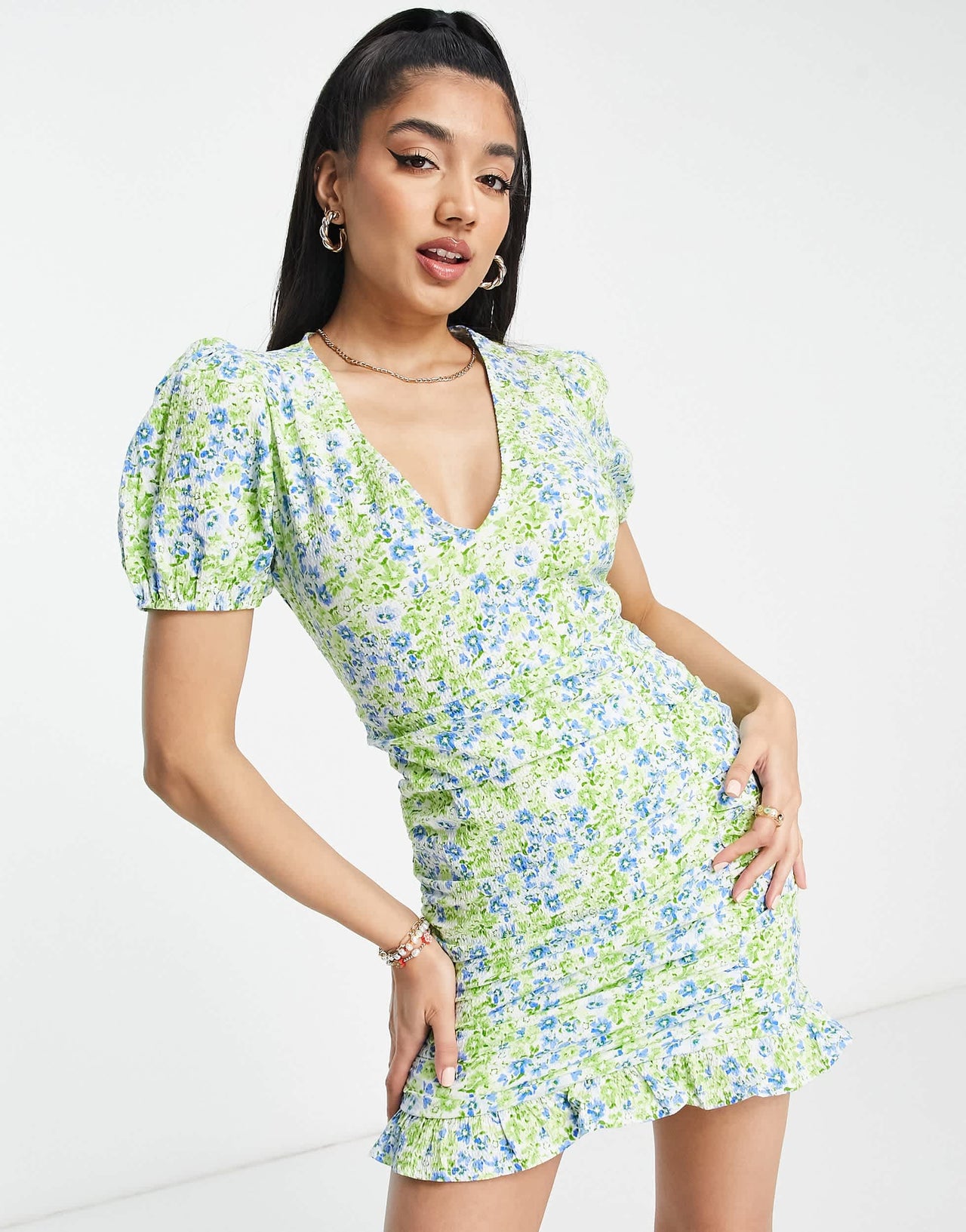 Stradivarius v-neck crinkle wrap mini dress with frill detail in green