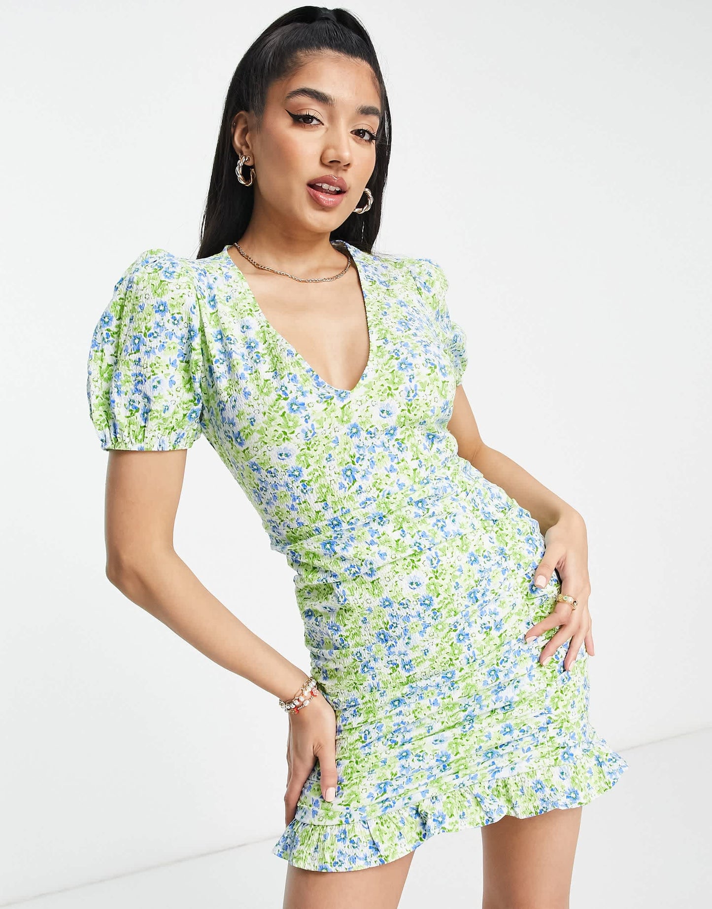 Stradivarius v-neck crinkle wrap mini dress with frill detail in green