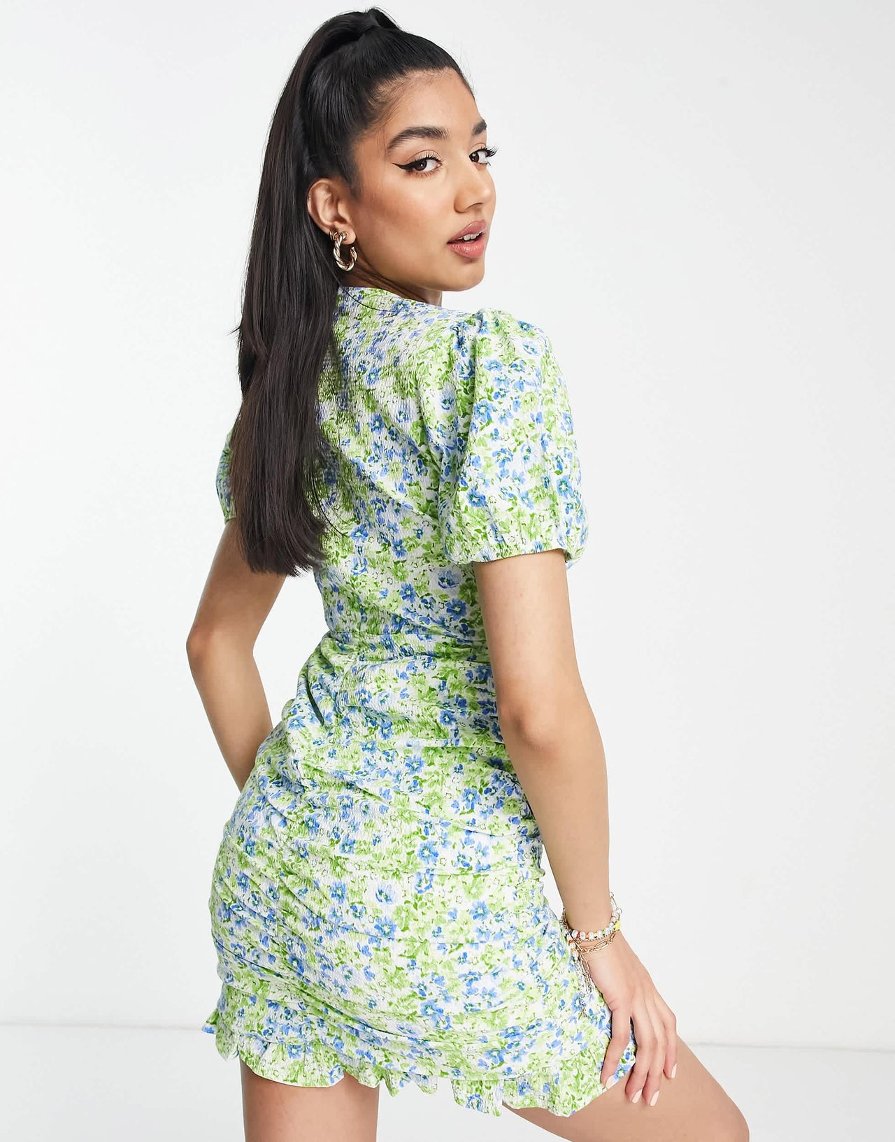 Stradivarius v-neck crinkle wrap mini dress with frill detail in green