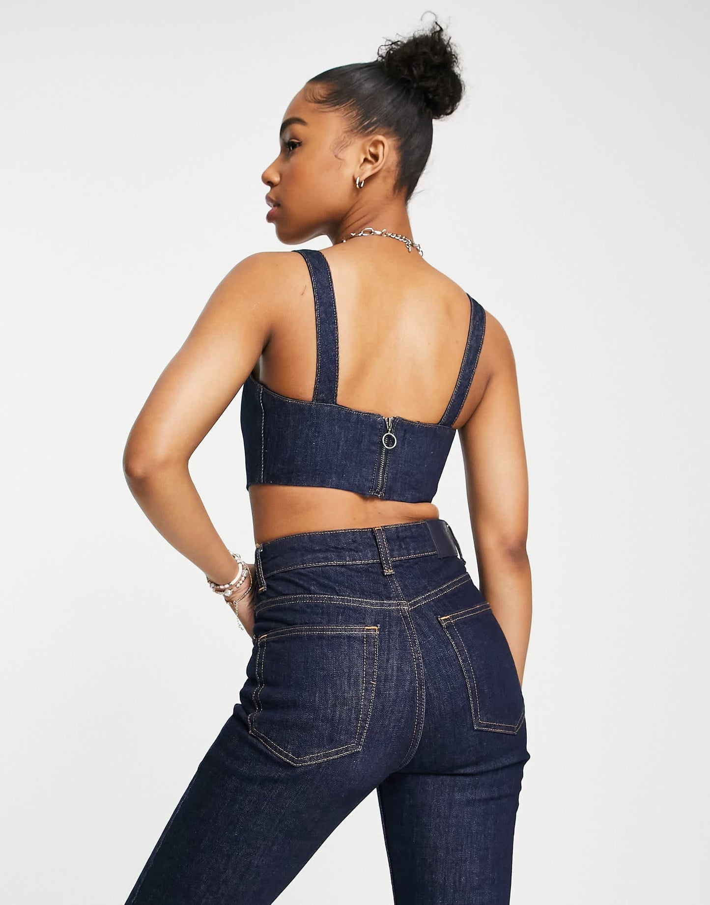 Pull&Bear denim cropped corset top co-ord in blue