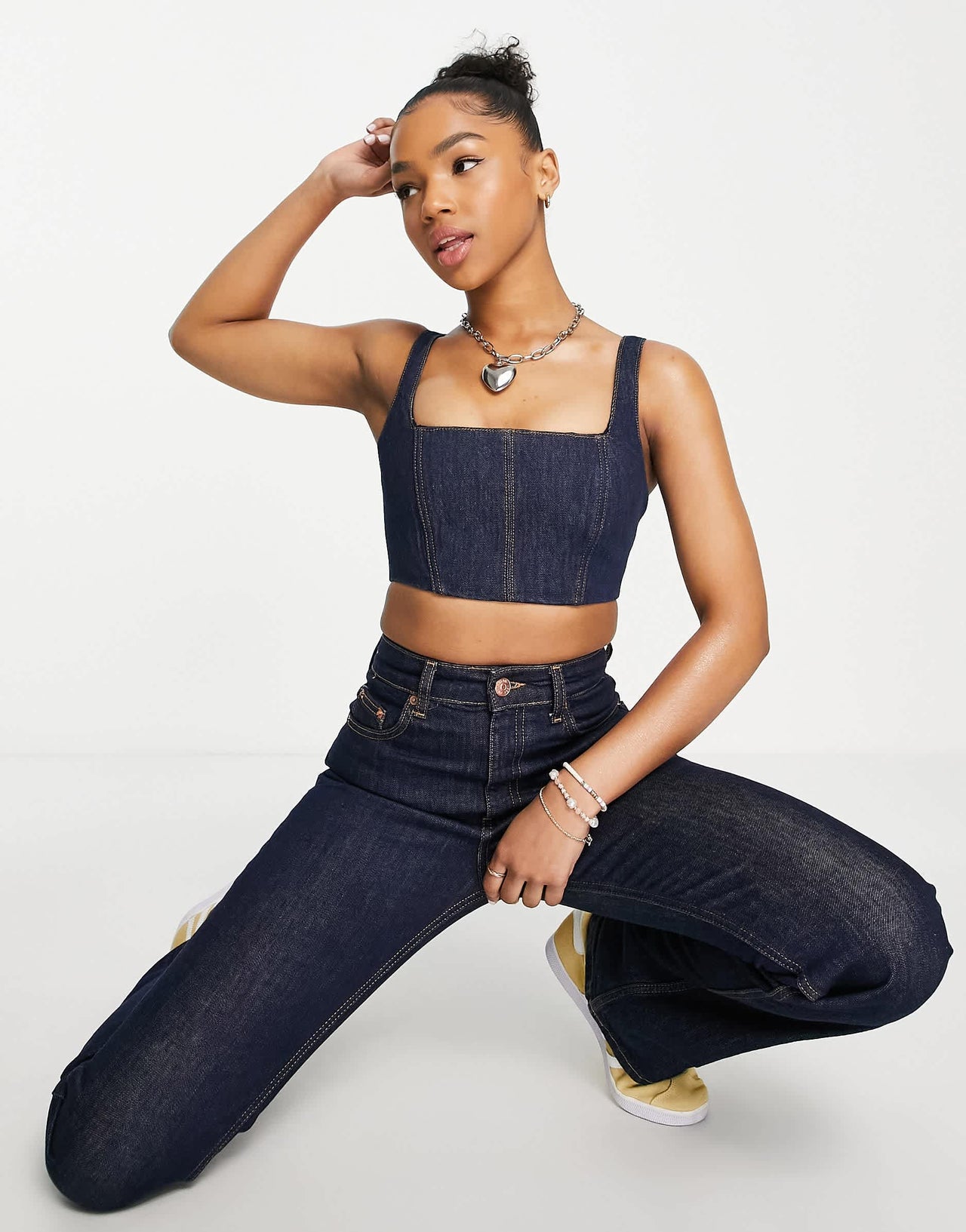 Pull&Bear denim cropped corset top co-ord in blue