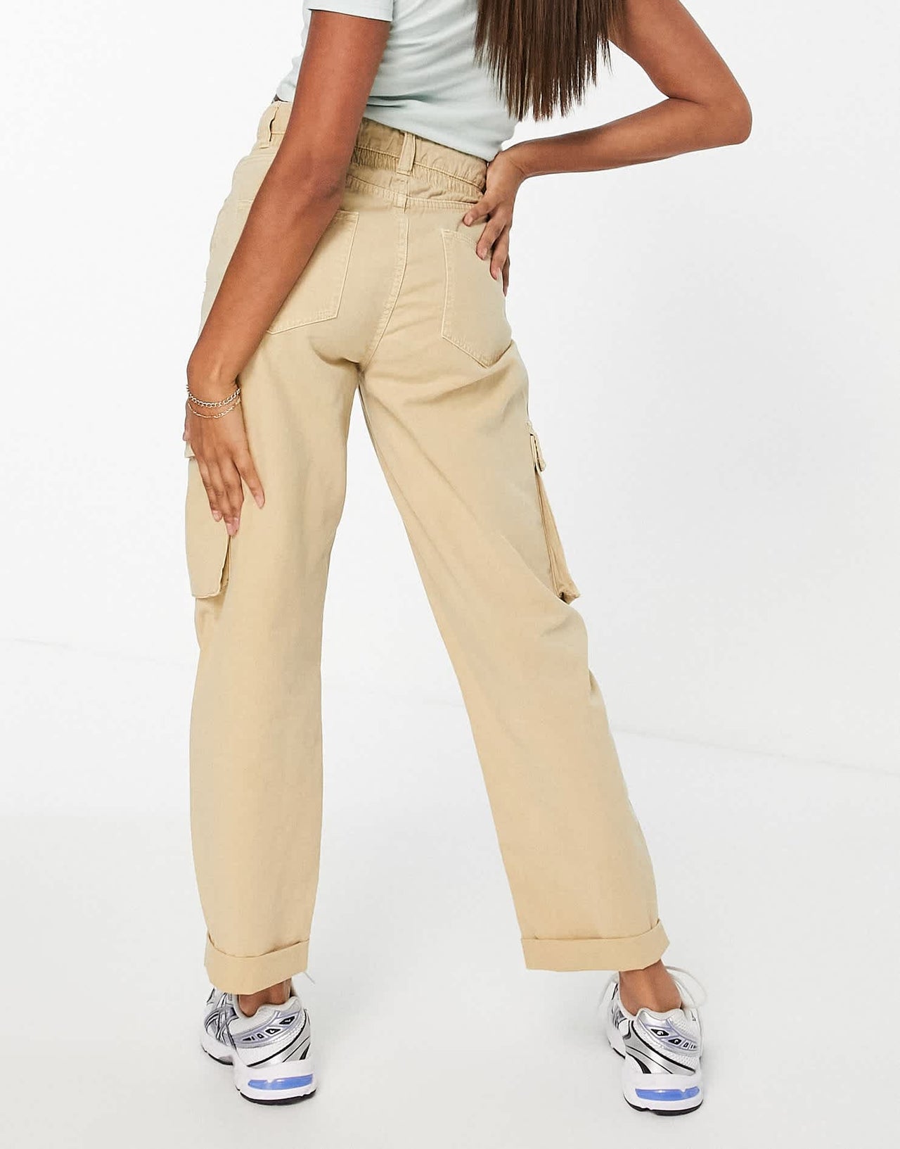 Bershka pocket detail slim leg cargo trouser in light beige