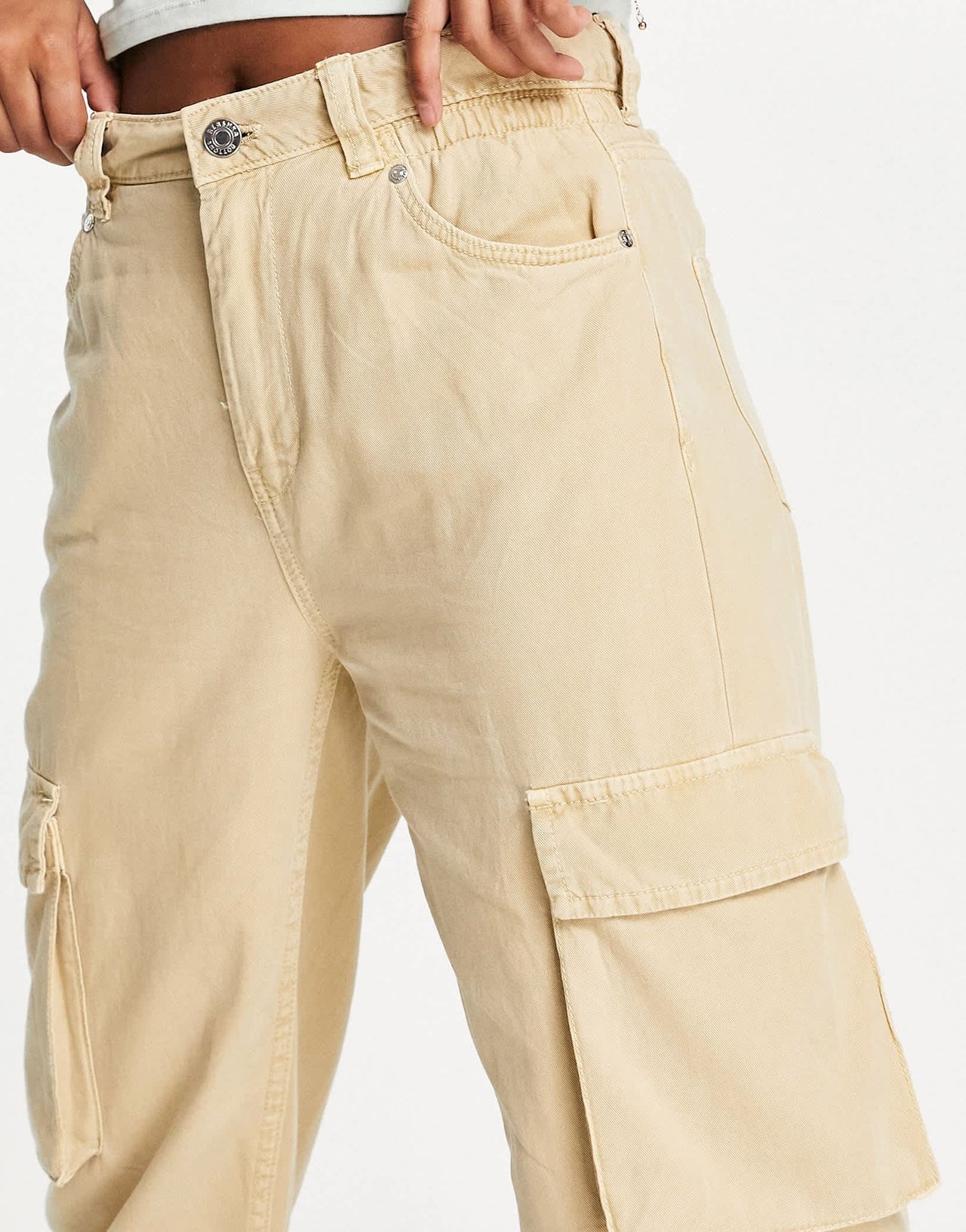 Bershka pocket detail slim leg cargo trouser in light beige