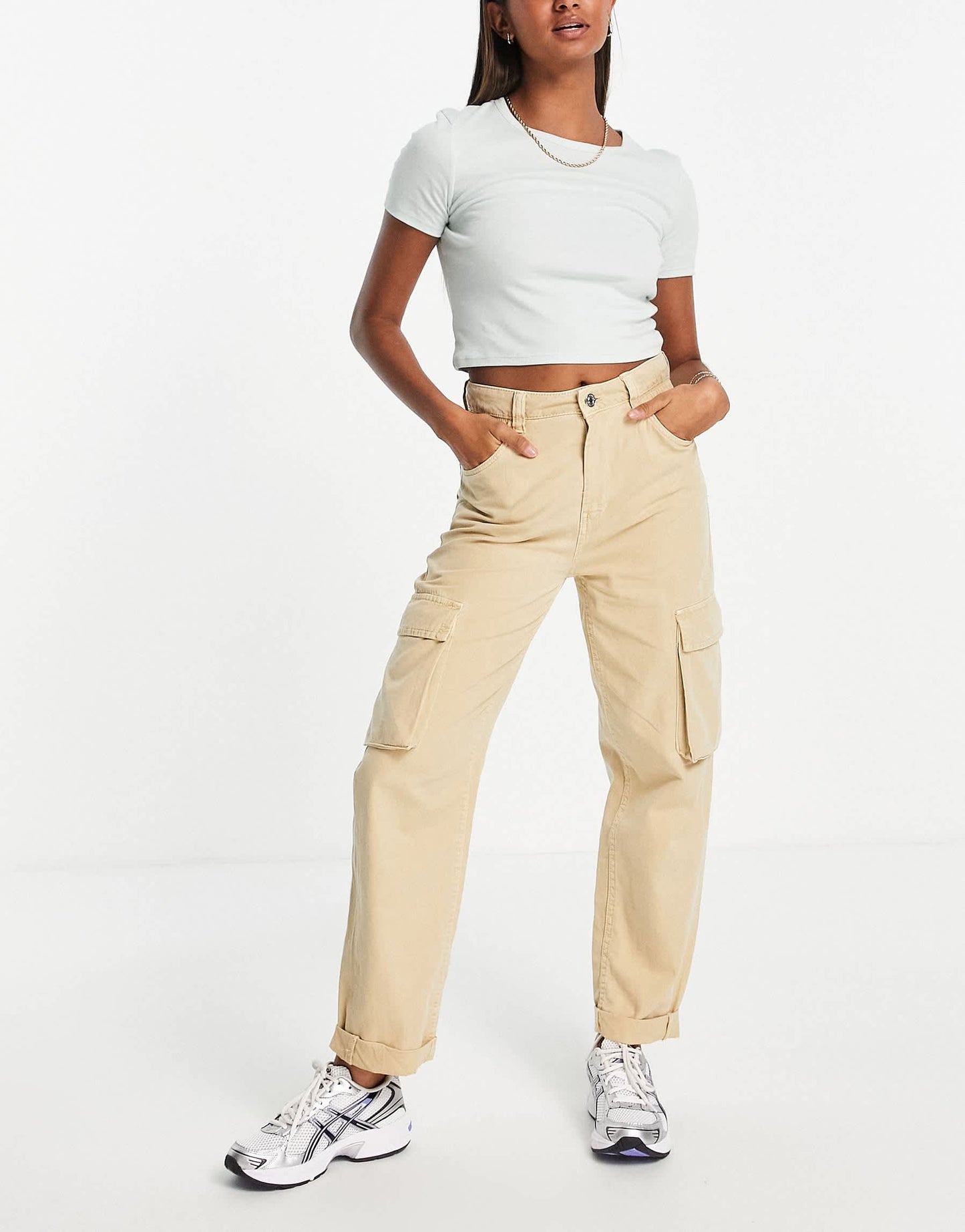 Bershka pocket detail slim leg cargo trouser in light beige