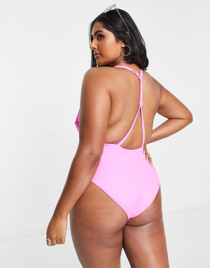 ASOS DESIGN Curve T back swimsuit in bright pink