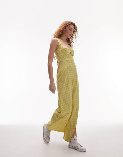 Topshop cut out detail jumpsuit in green gingham