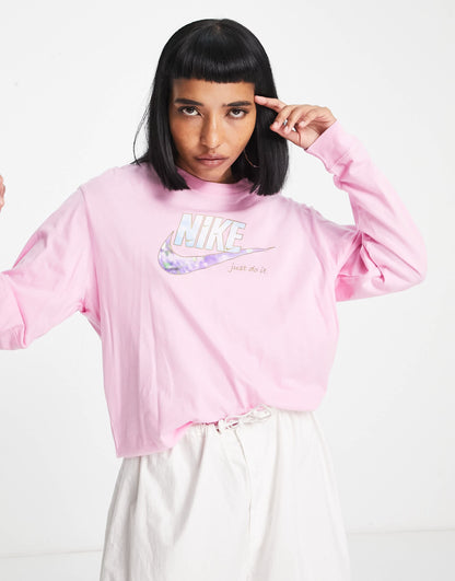 Nike sparkle swoosh graphic logo long sleeve t-shirt in pink