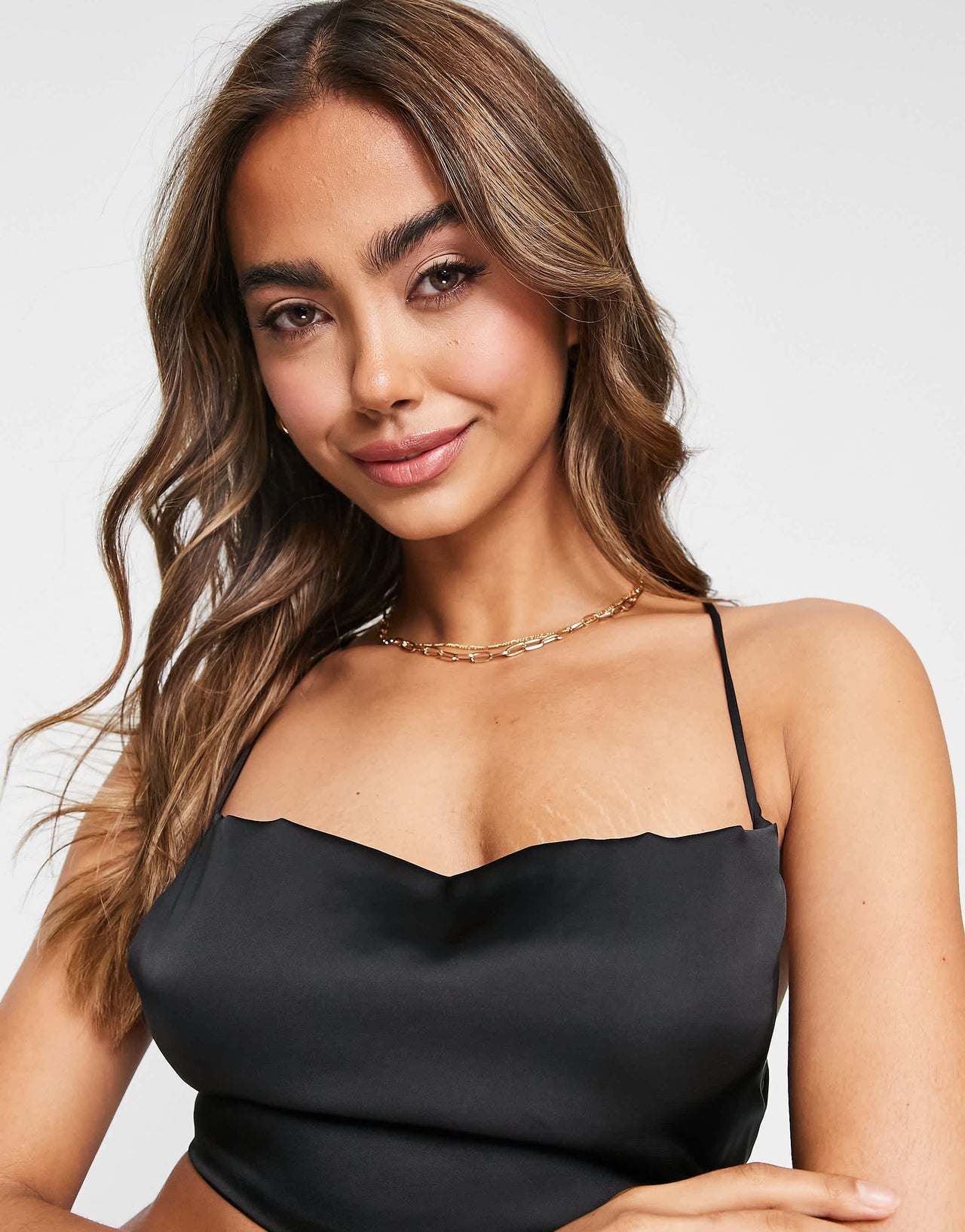 Pull&Bear open back satin cropped top in black