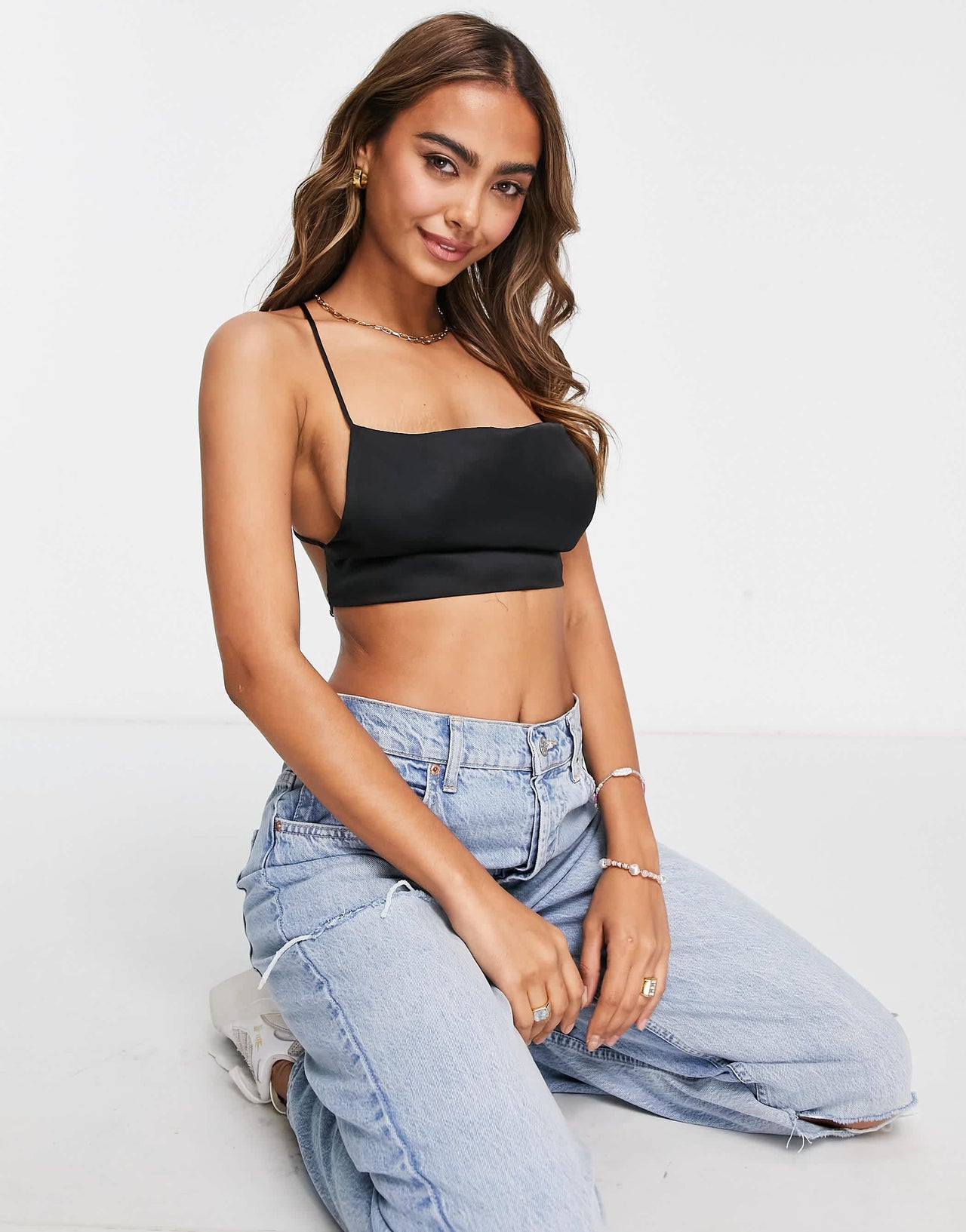 Pull&Bear open back satin cropped top in black