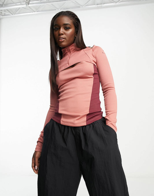 Jordan 23E Rib quarter zip top in canyon pink and cherrywood red