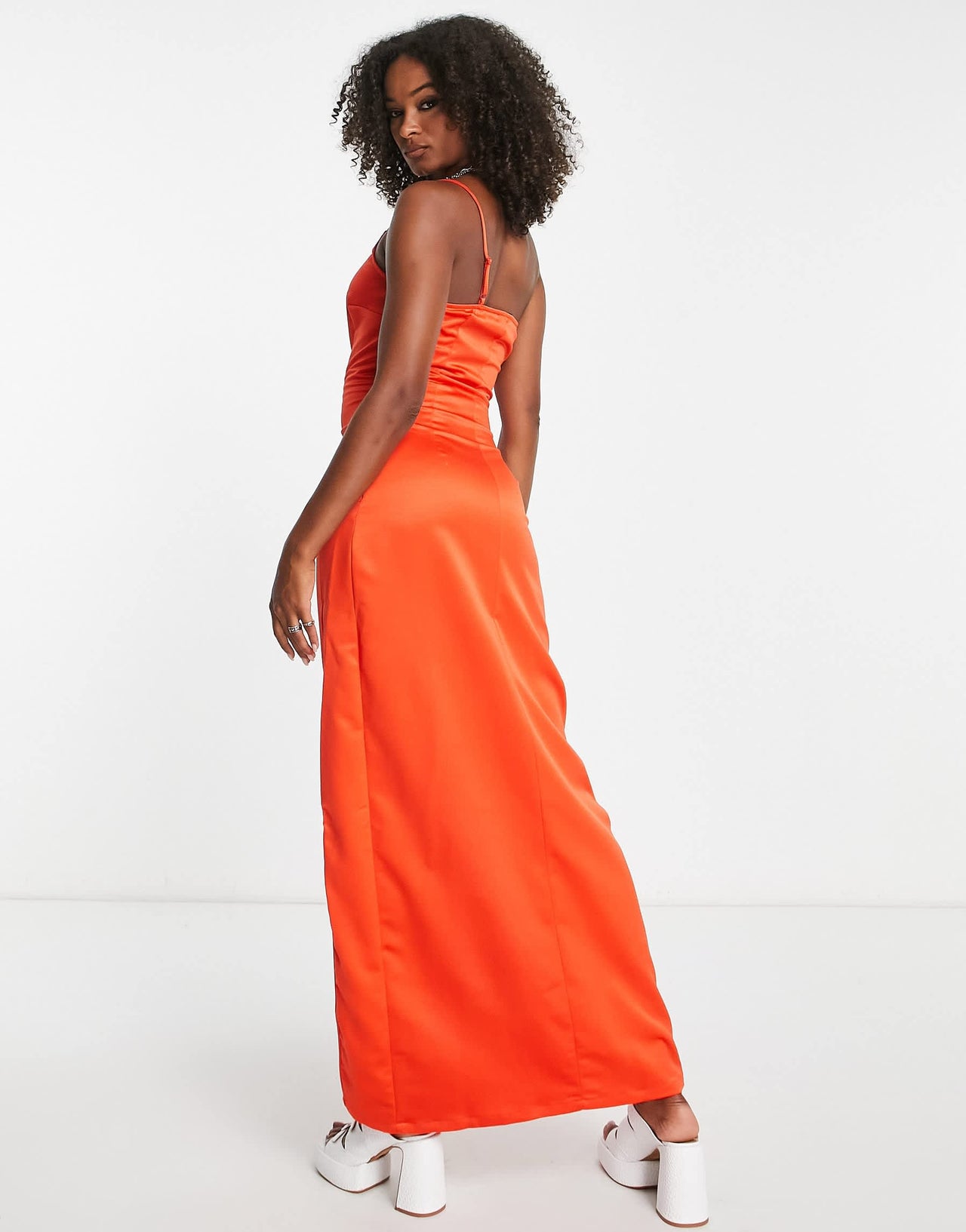 Extro & Vert Tall one shoulder maxi dress with split in rust satin
