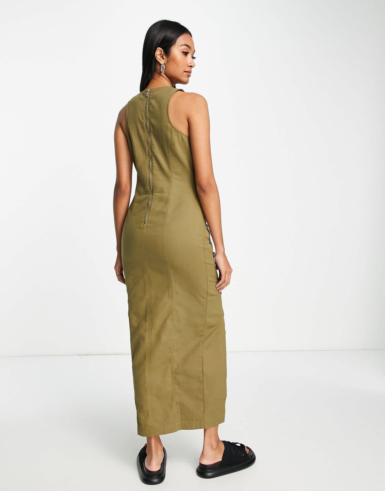ASOS DESIGN asymmetric horn button twill maxi dress with split detail in khaki