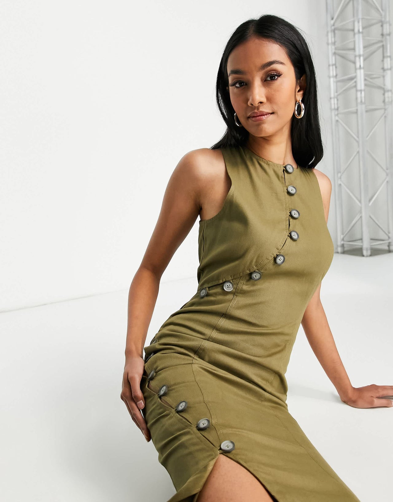 ASOS DESIGN asymmetric horn button twill maxi dress with split detail in khaki