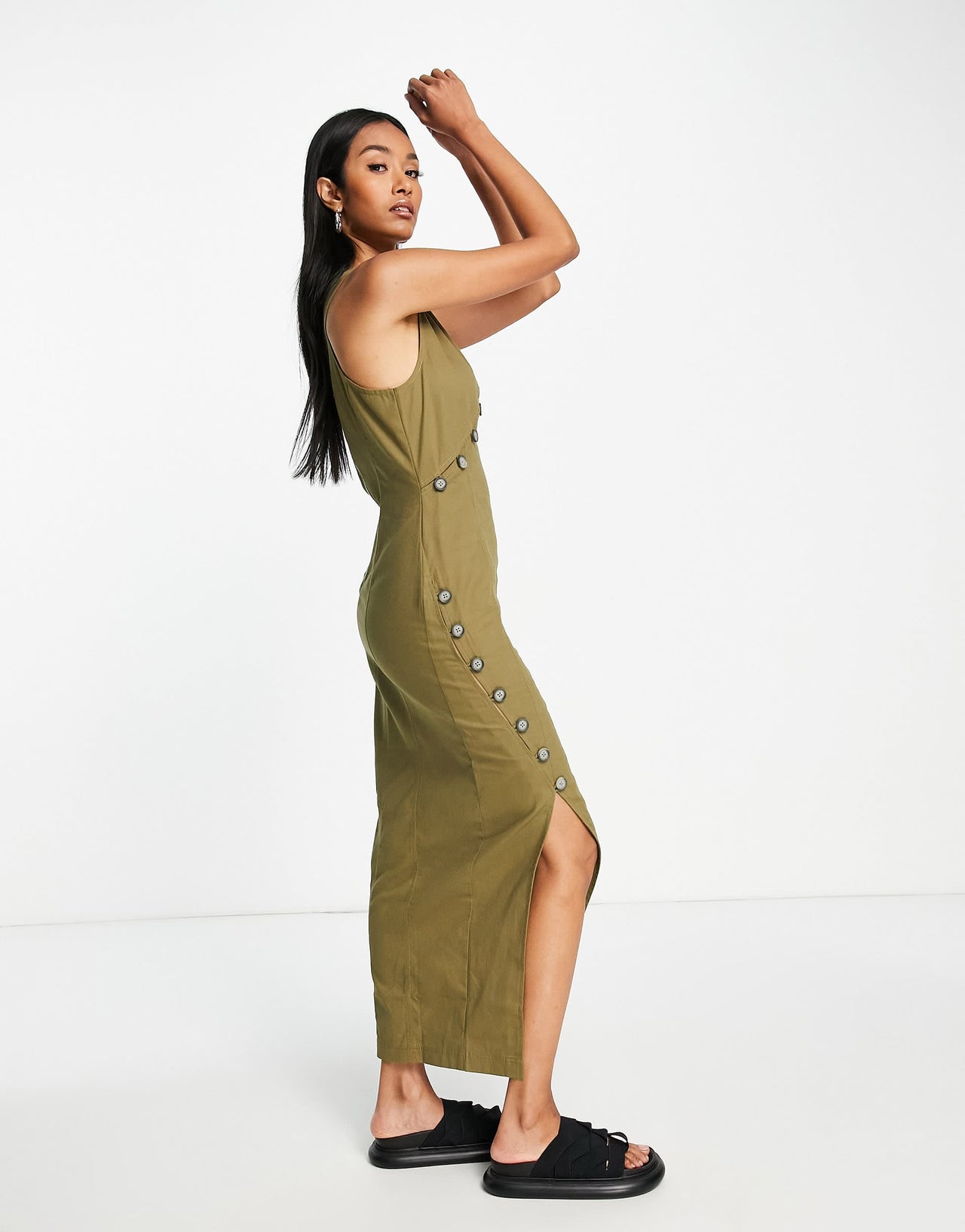 ASOS DESIGN asymmetric horn button twill maxi dress with split detail in khaki