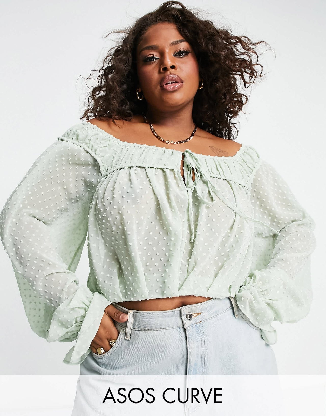 ASOS DESIGN Curve dobby blouse with volume sleeve & tie front in sage green
