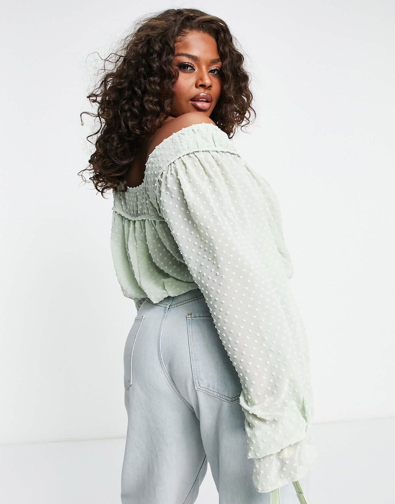 ASOS DESIGN Curve dobby blouse with volume sleeve & tie front in sage green