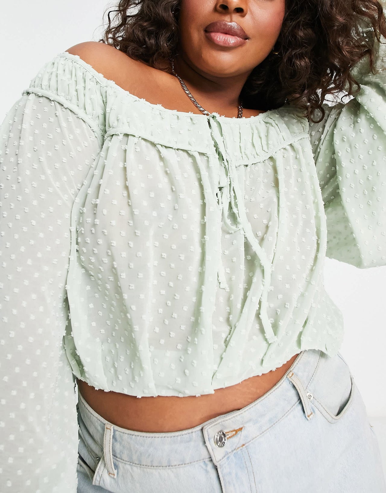 ASOS DESIGN Curve dobby blouse with volume sleeve & tie front in sage green