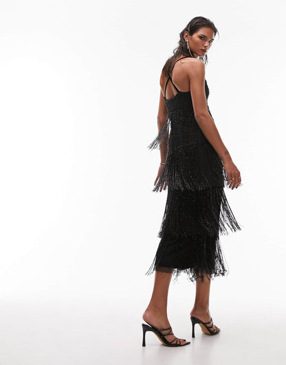 Topshop premium strappy embellished fringe and beaded mix midi dress in black