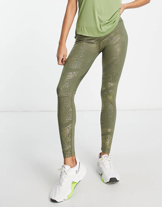 Nike One Training Dri-FIT glitter printed mid rise leggings in khaki