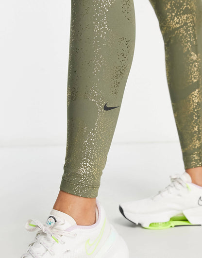 Nike One Training Dri-FIT glitter printed mid rise leggings in khaki