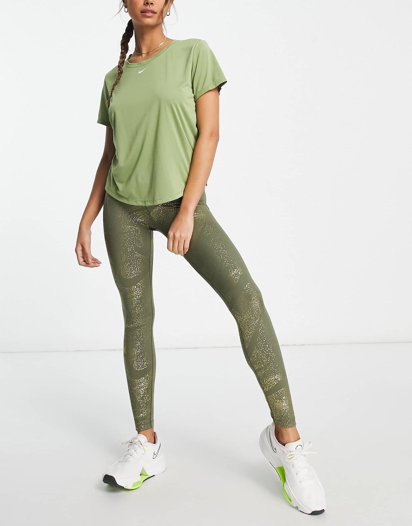 Nike One Training Dri-FIT glitter printed mid rise leggings in khaki