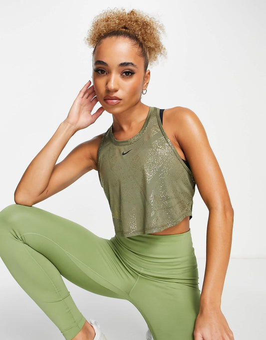 Nike One Training Dri-FIT glitter printed cropped t-shirt in khaki
