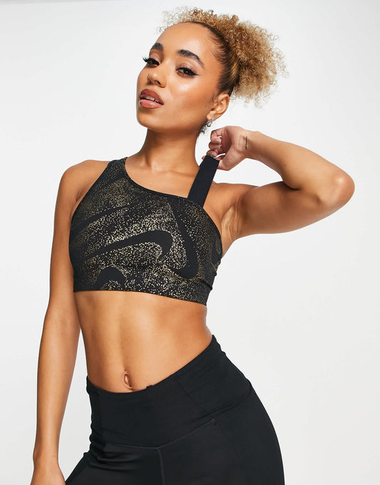 Nike Training Swoosh Dri-FIT asymmetric glitter printed medium support sports bra in black