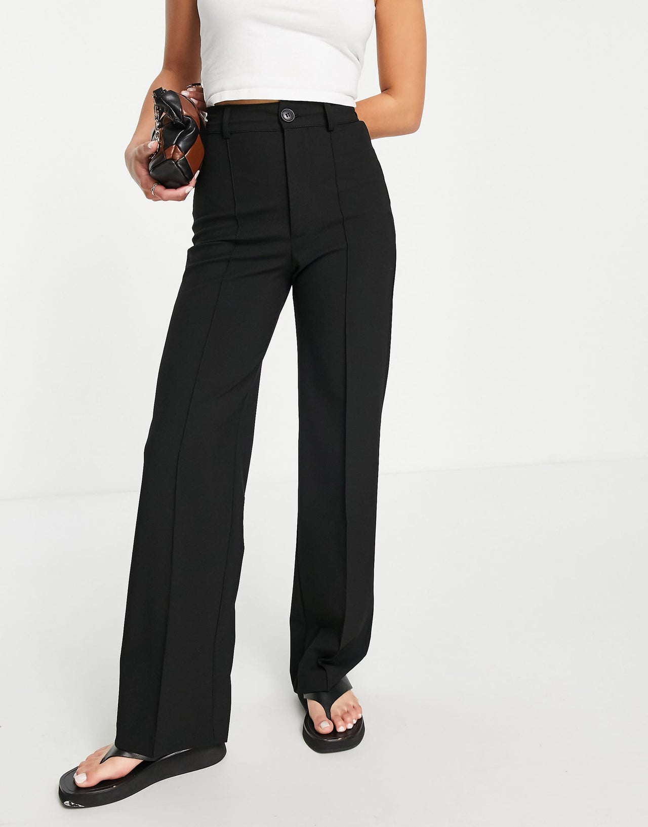 Pull&Bear Petite high waist tailored straight leg trousers with front seam in black
