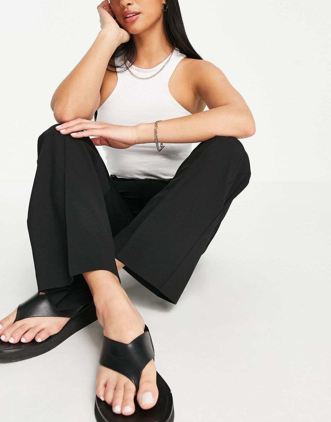 Pull&Bear Petite high waist tailored straight leg trousers with front seam in black